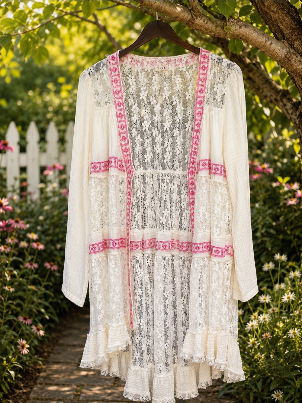 POL Ivory Floral Lace Embroidered Boho Duster Cardigan Medium 100% Cotton